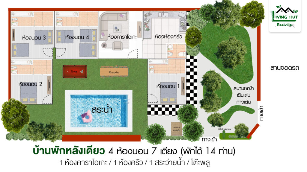 ผังบ้านพูลวิลล่านครนายก ลิฟวิ่ง ฮัท 4 ห้องนอน 5 ห้องน้ำ
