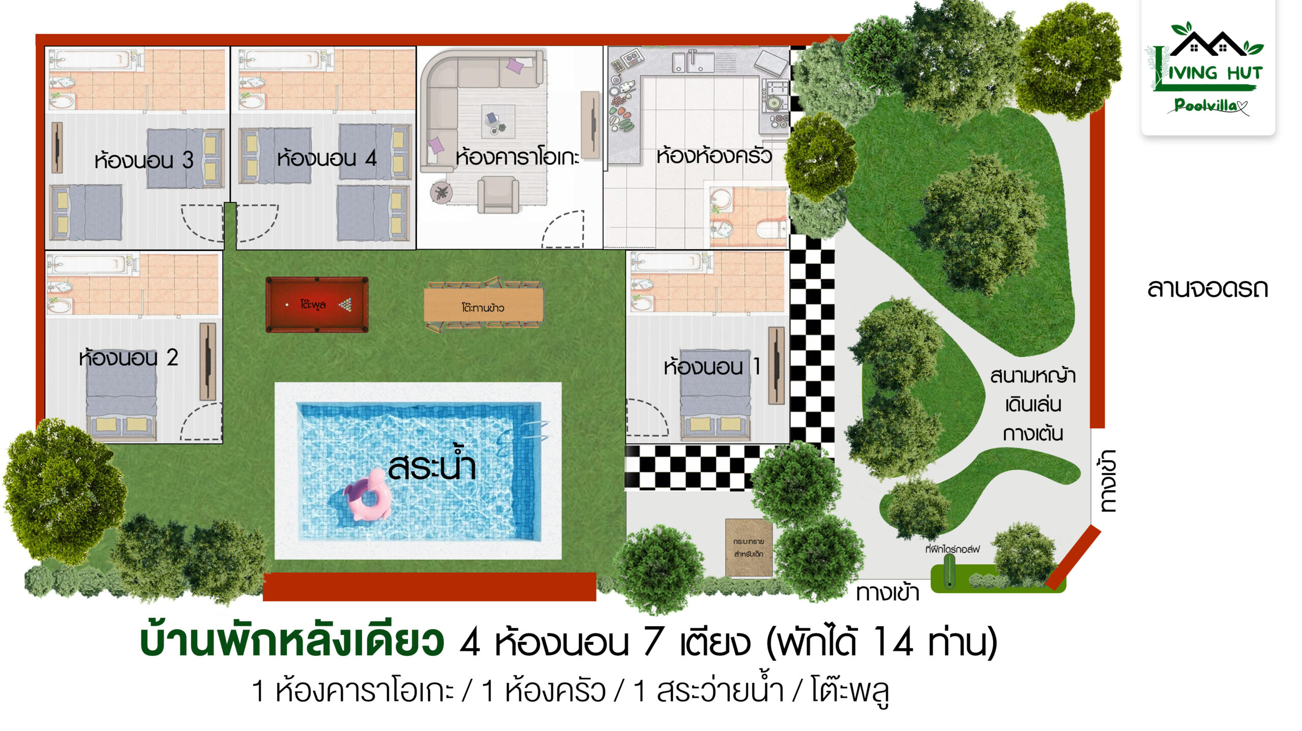 ผังที่พัก ลิฟวิ่ง ฮัท พูลวิลล่านครนายก 4 ห้องนอน 7 เตียง พักได้ 14 ท่าน